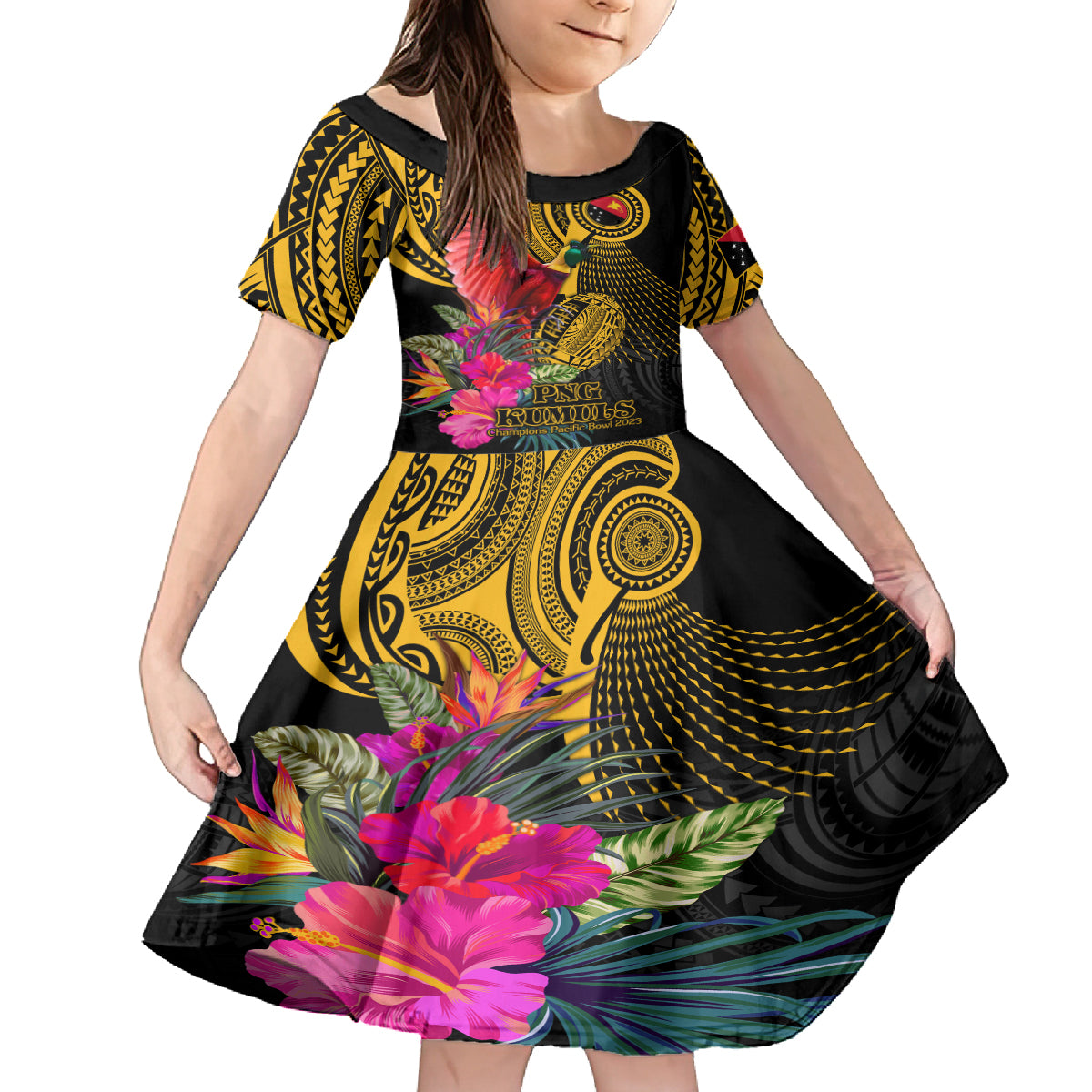 Personalised Papua New Guinea Rugby Family Matching Puletasi Dress and Hawaiian Shirt PNG Kumuls Champions Pacific Bowl LT9 Daughter's Dress Gold - Polynesian Pride