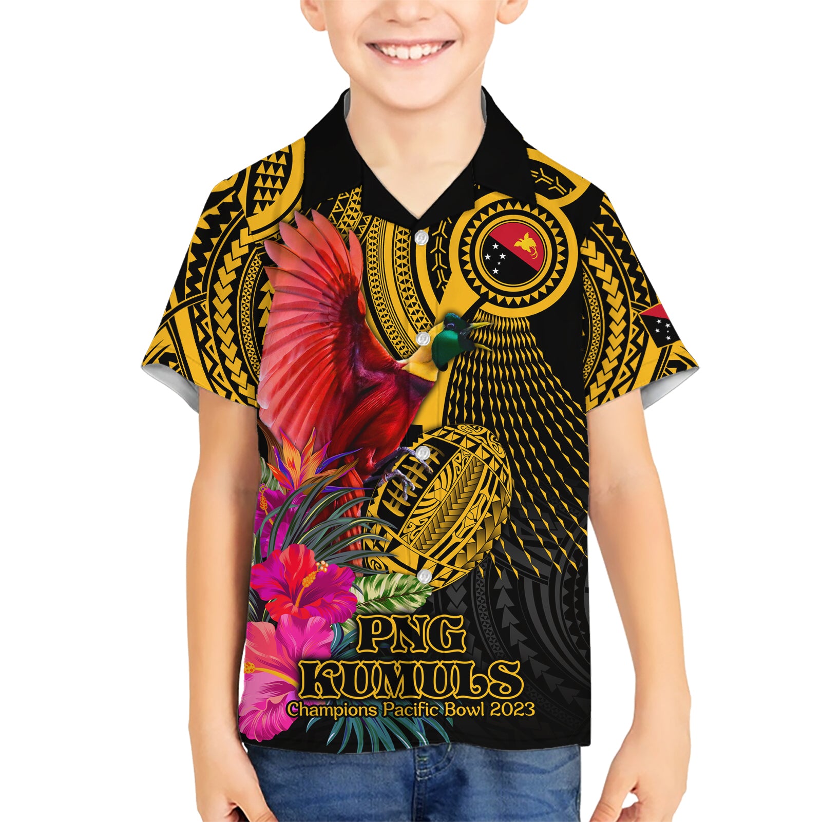 Personalised Papua New Guinea Rugby Kid Hawaiian Shirt PNG Kumuls Champions Pacific Bowl LT9 Kid Gold - Polynesian Pride