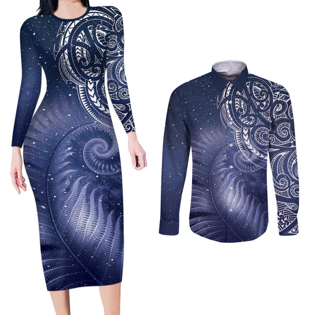 New Zealand Galaxy Fern Couples Matching Long Sleeve Bodycon Dress and Long Sleeve Button Shirt LT9 Galaxy - Polynesian Pride