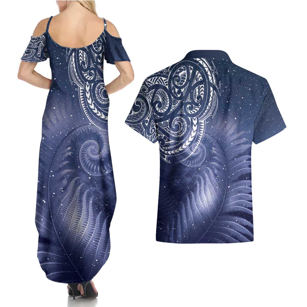 New Zealand Galaxy Fern Couples Matching Summer Maxi Dress and Hawaiian Shirt