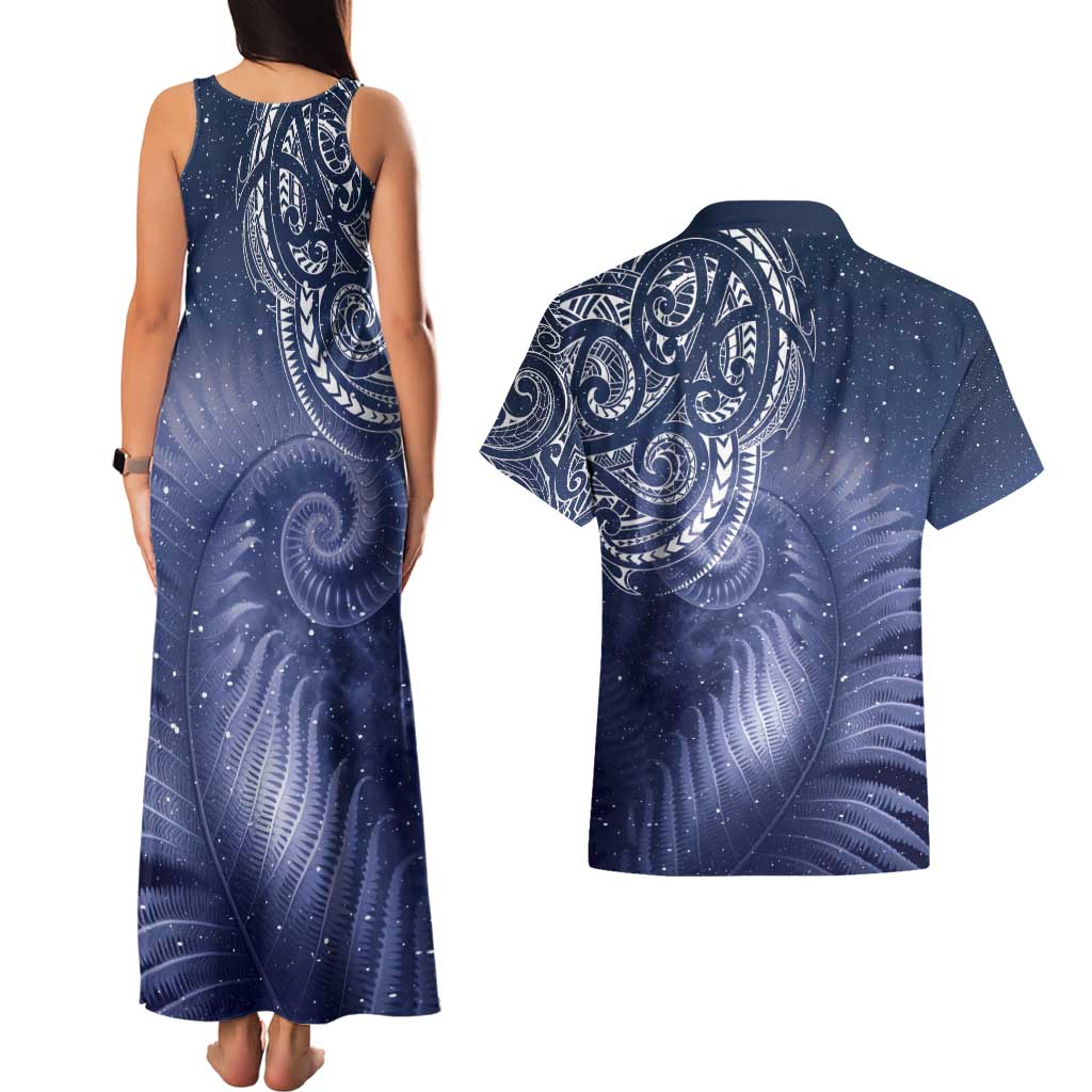 New Zealand Galaxy Fern Couples Matching Tank Maxi Dress and Hawaiian Shirt