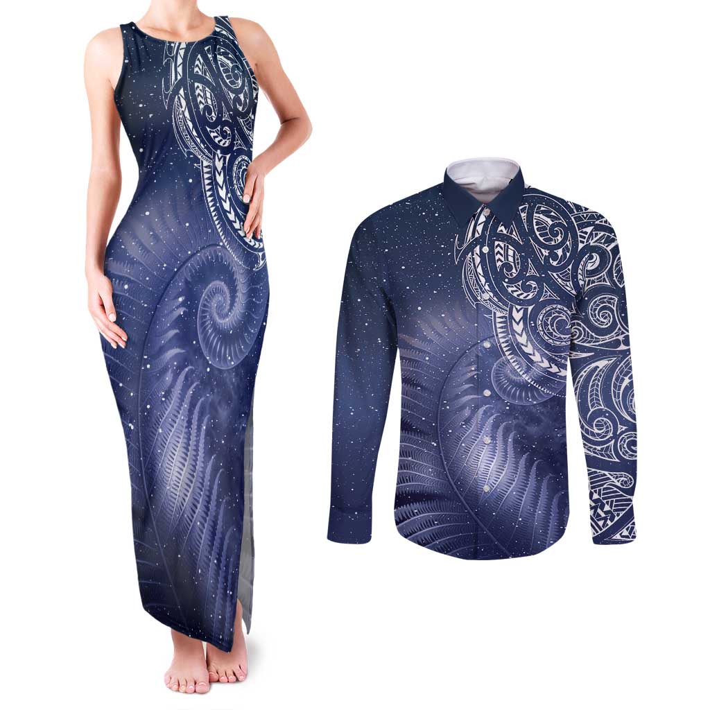 New Zealand Galaxy Fern Couples Matching Tank Maxi Dress and Long Sleeve Button Shirt