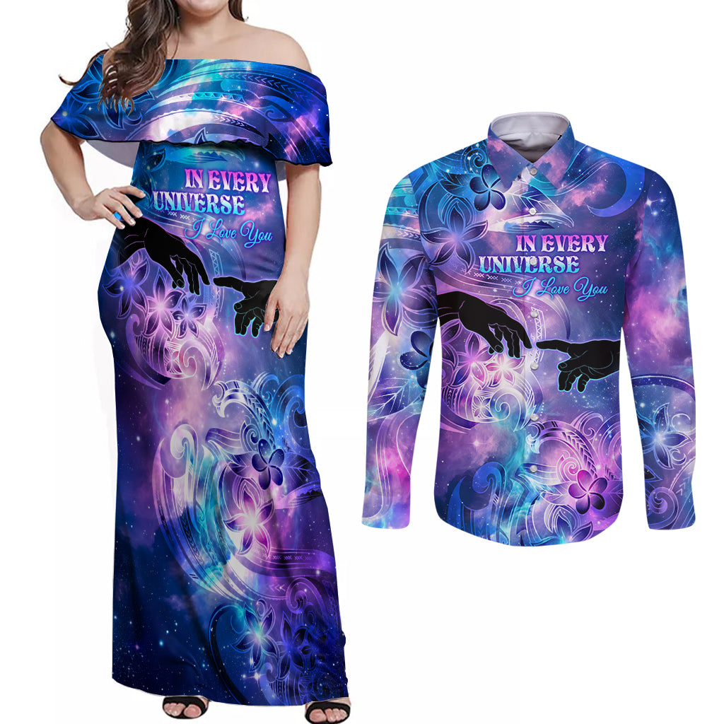 I Love You In Every Universe Personalised Couples Matching Off Shoulder Maxi Dress and Long Sleeve Button Shirt Polynesian Pattern Galaxy Style LT9 Galaxy - Polynesian Pride