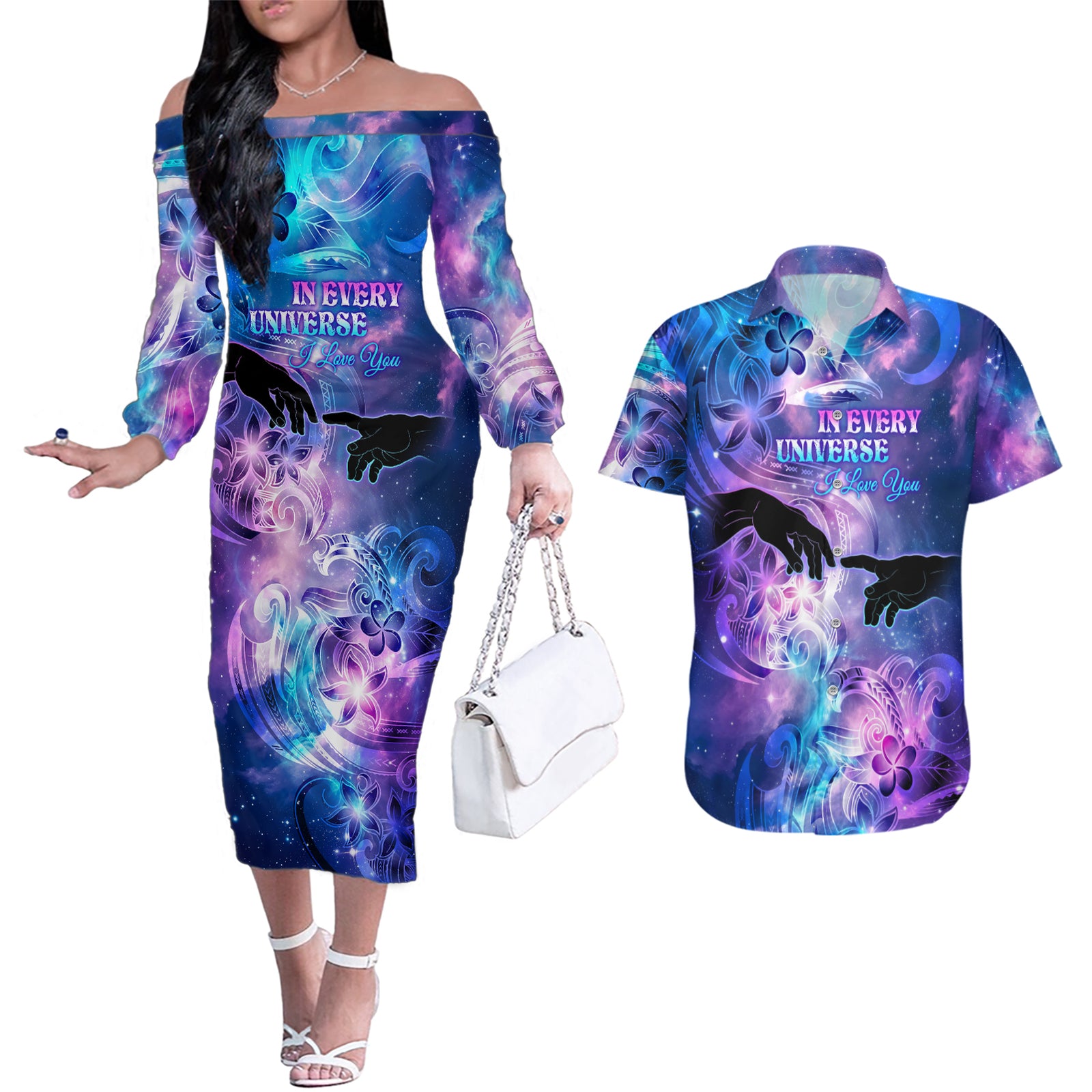 I Love You In Every Universe Personalised Couples Matching Off The Shoulder Long Sleeve Dress and Hawaiian Shirt Polynesian Pattern Galaxy Style LT9 Galaxy - Polynesian Pride