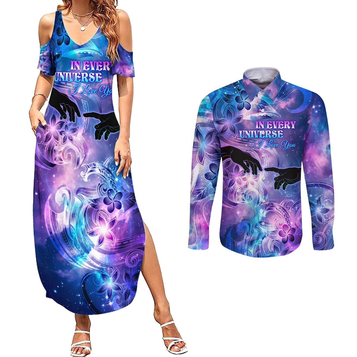 I Love You In Every Universe Personalised Couples Matching Summer Maxi Dress and Long Sleeve Button Shirt Polynesian Pattern Galaxy Style LT9 Galaxy - Polynesian Pride