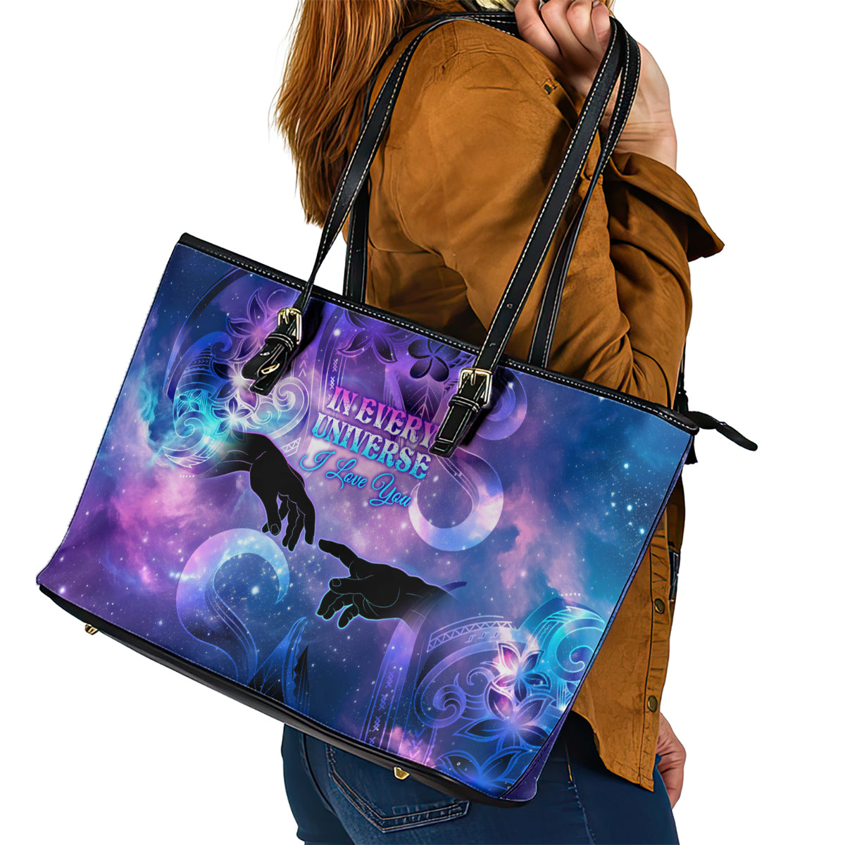 I Love You In Every Universe Personalised Leather Tote Bag Polynesian Pattern Galaxy Style LT9 - Polynesian Pride