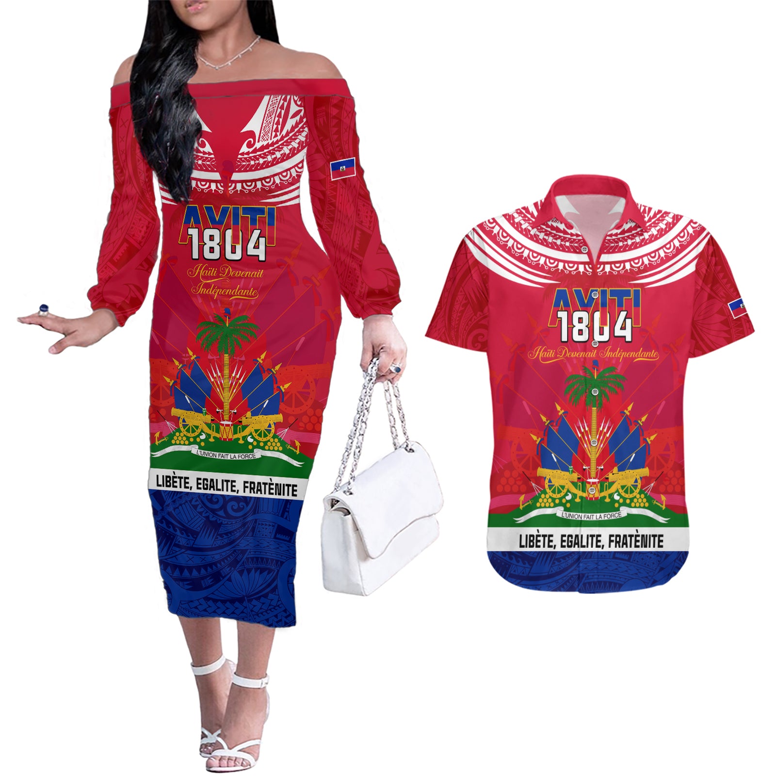 Haiti Independence Day Couples Matching Off The Shoulder Long Sleeve Dress and Hawaiian Shirt Libete Egalite Fratenite Ayiti 1804 With Polynesian Pattern LT9 Red - Polynesian Pride