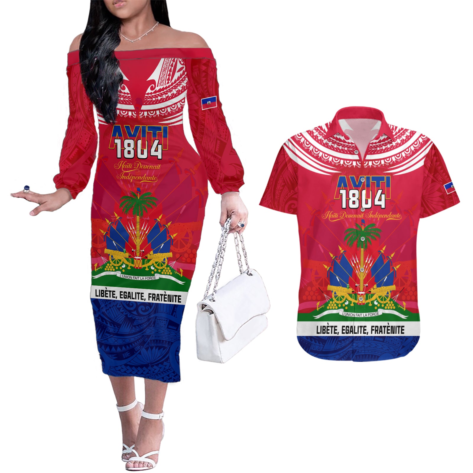 Haiti Independence Day Couples Matching Off The Shoulder Long Sleeve Dress and Hawaiian Shirt Libete Egalite Fratenite Ayiti 1804 With Polynesian Pattern LT9 Red - Polynesian Pride
