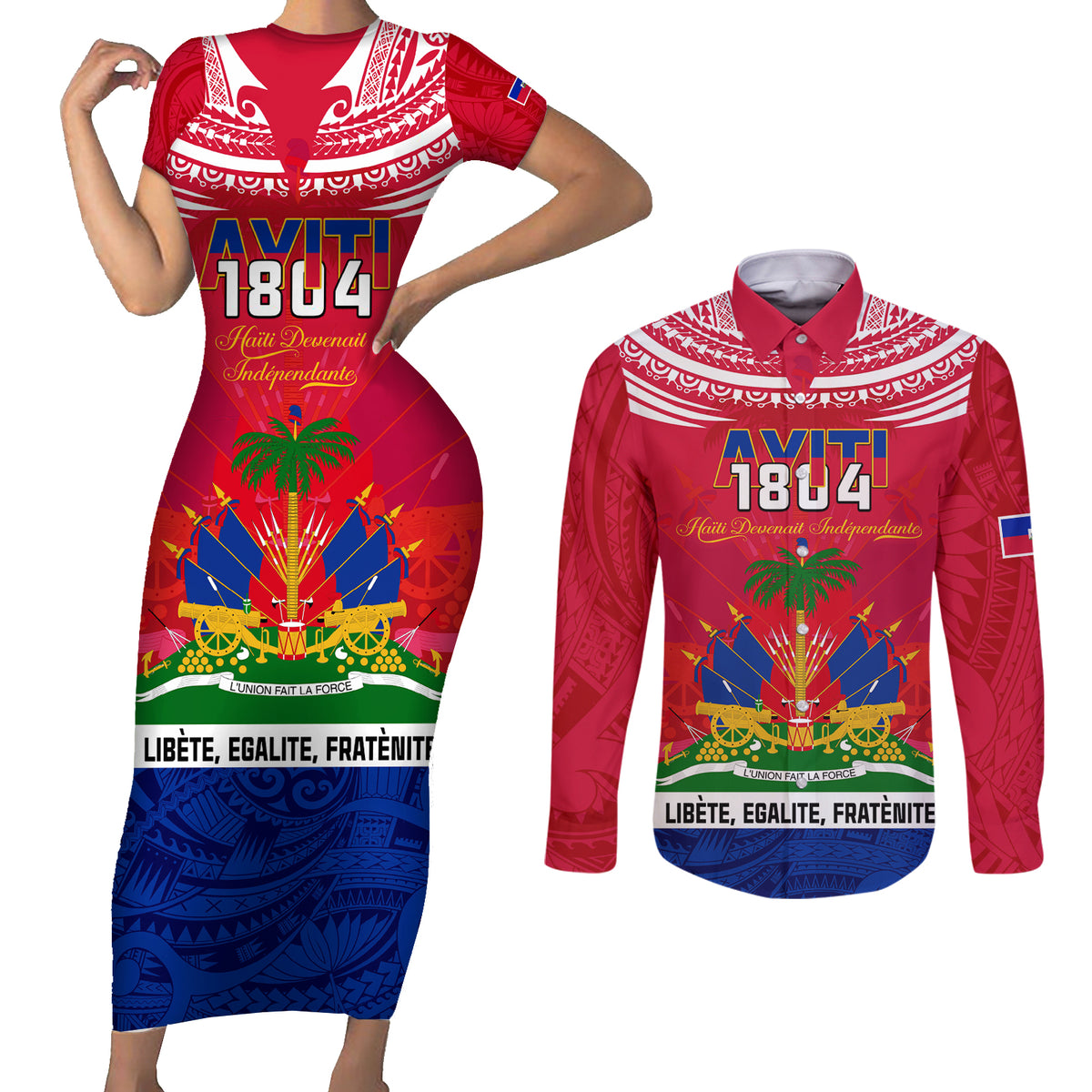 Haiti Independence Day Couples Matching Short Sleeve Bodycon Dress and Long Sleeve Button Shirt Libete Egalite Fratenite Ayiti 1804 With Polynesian Pattern LT9 Red - Polynesian Pride