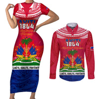 Haiti Independence Day Couples Matching Short Sleeve Bodycon Dress and Long Sleeve Button Shirt Libete Egalite Fratenite Ayiti 1804 With Polynesian Pattern LT9 Red - Polynesian Pride