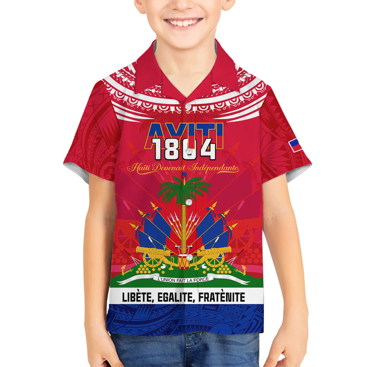 Haiti Independence Day Family Matching Long Sleeve Bodycon Dress and Hawaiian Shirt Libete Egalite Fratenite Ayiti 1804 With Polynesian Pattern LT9 Son's Shirt Red - Polynesian Pride