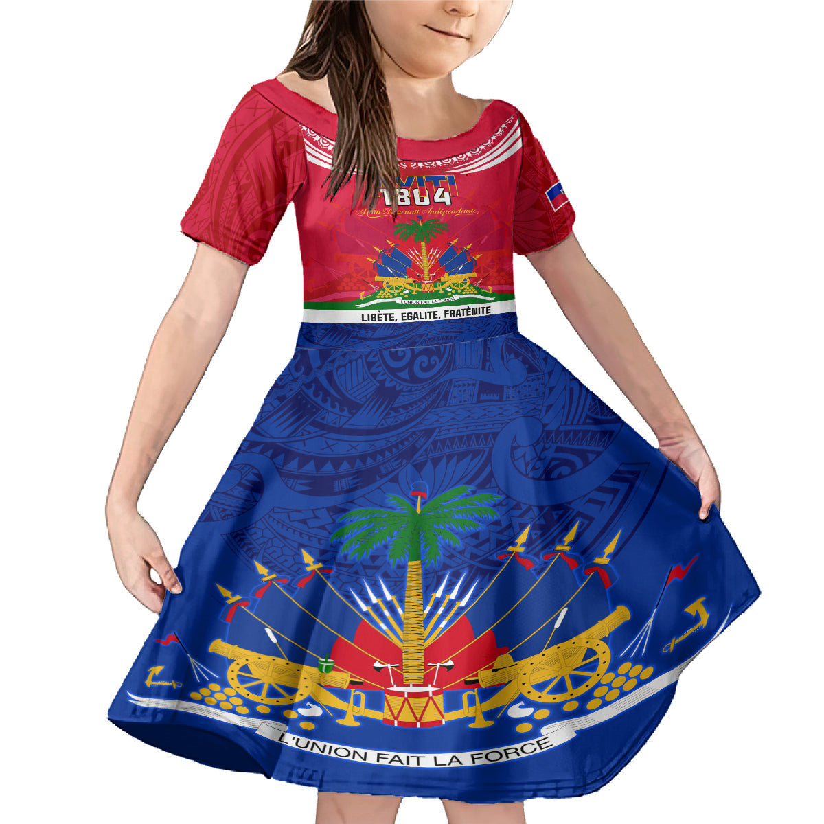 Haiti Independence Day Family Matching Mermaid Dress and Hawaiian Shirt Libete Egalite Fratenite Ayiti 1804 With Polynesian Pattern LT9 Daughter's Dress Red - Polynesian Pride