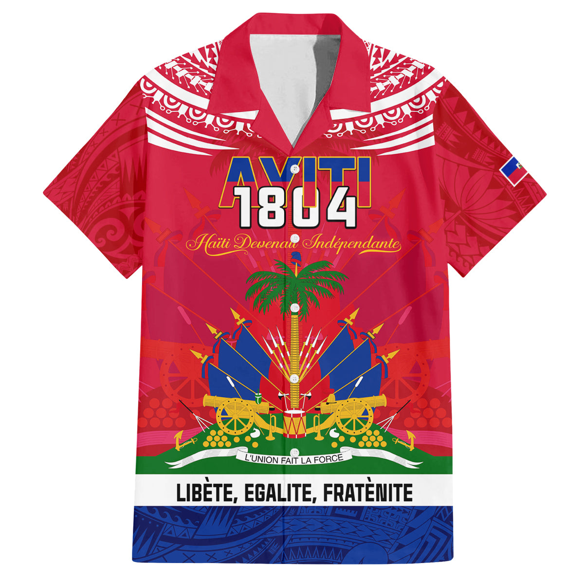 Haiti Independence Day Family Matching Tank Maxi Dress and Hawaiian Shirt Libete Egalite Fratenite Ayiti 1804 With Polynesian Pattern LT9 Dad's Shirt - Short Sleeve Red - Polynesian Pride