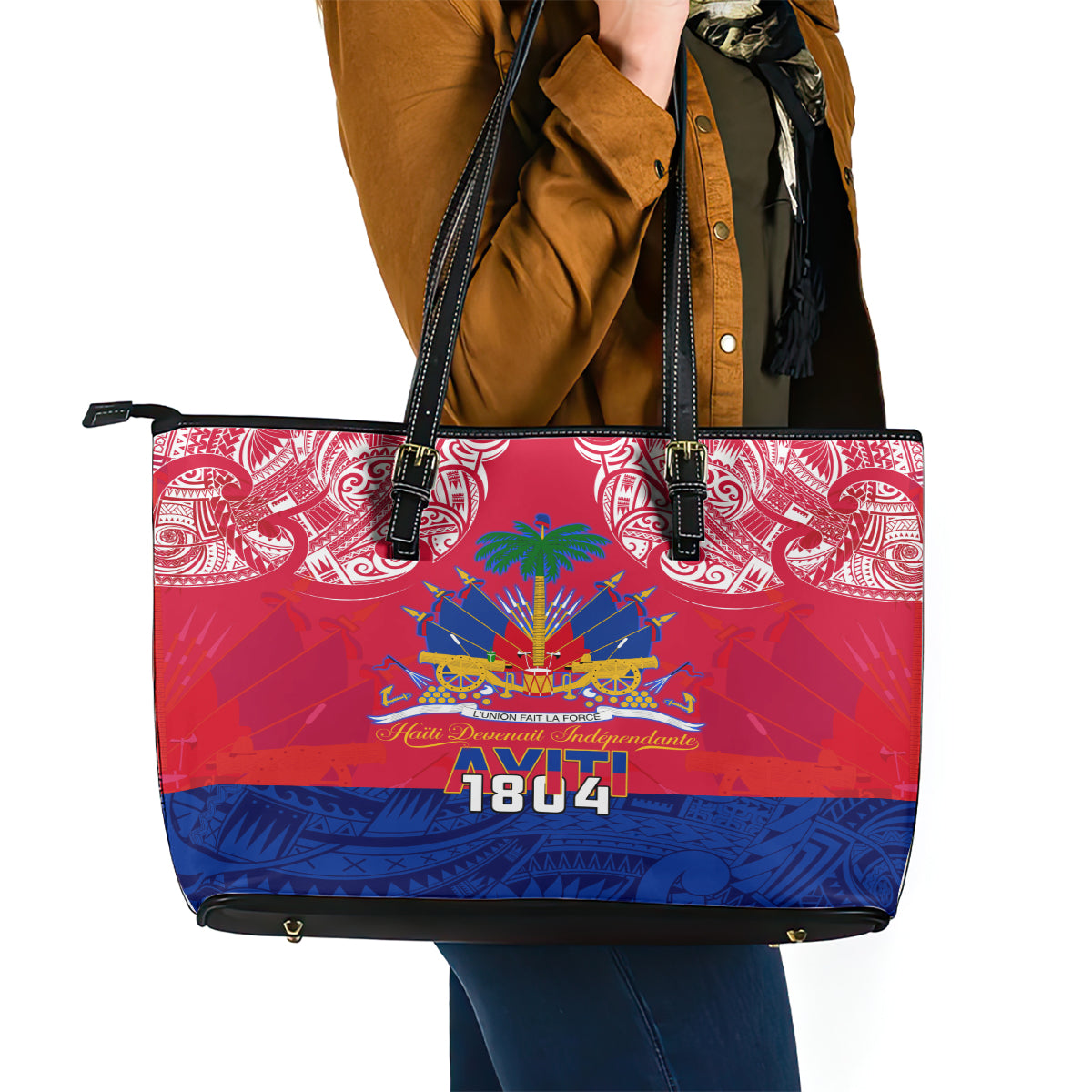 Haiti Independence Day Leather Tote Bag Libete Egalite Fratenite Ayiti 1804 With Polynesian Pattern LT9 - Polynesian Pride