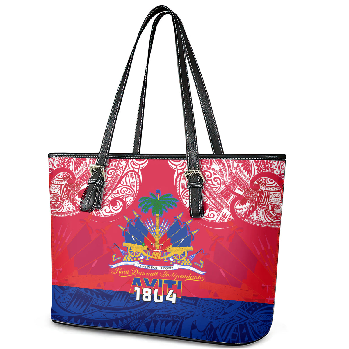 Haiti Independence Day Leather Tote Bag Libete Egalite Fratenite Ayiti 1804 With Polynesian Pattern LT9 - Polynesian Pride
