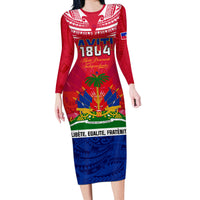 Haiti Independence Day Long Sleeve Bodycon Dress Libete Egalite Fratenite Ayiti 1804 With Polynesian Pattern LT9 Long Dress Red - Polynesian Pride