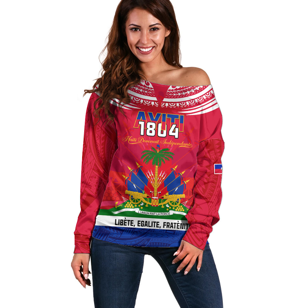 Haiti Independence Day Off Shoulder Sweater Libete Egalite Fratenite Ayiti 1804 With Polynesian Pattern LT9 Women Red - Polynesian Pride