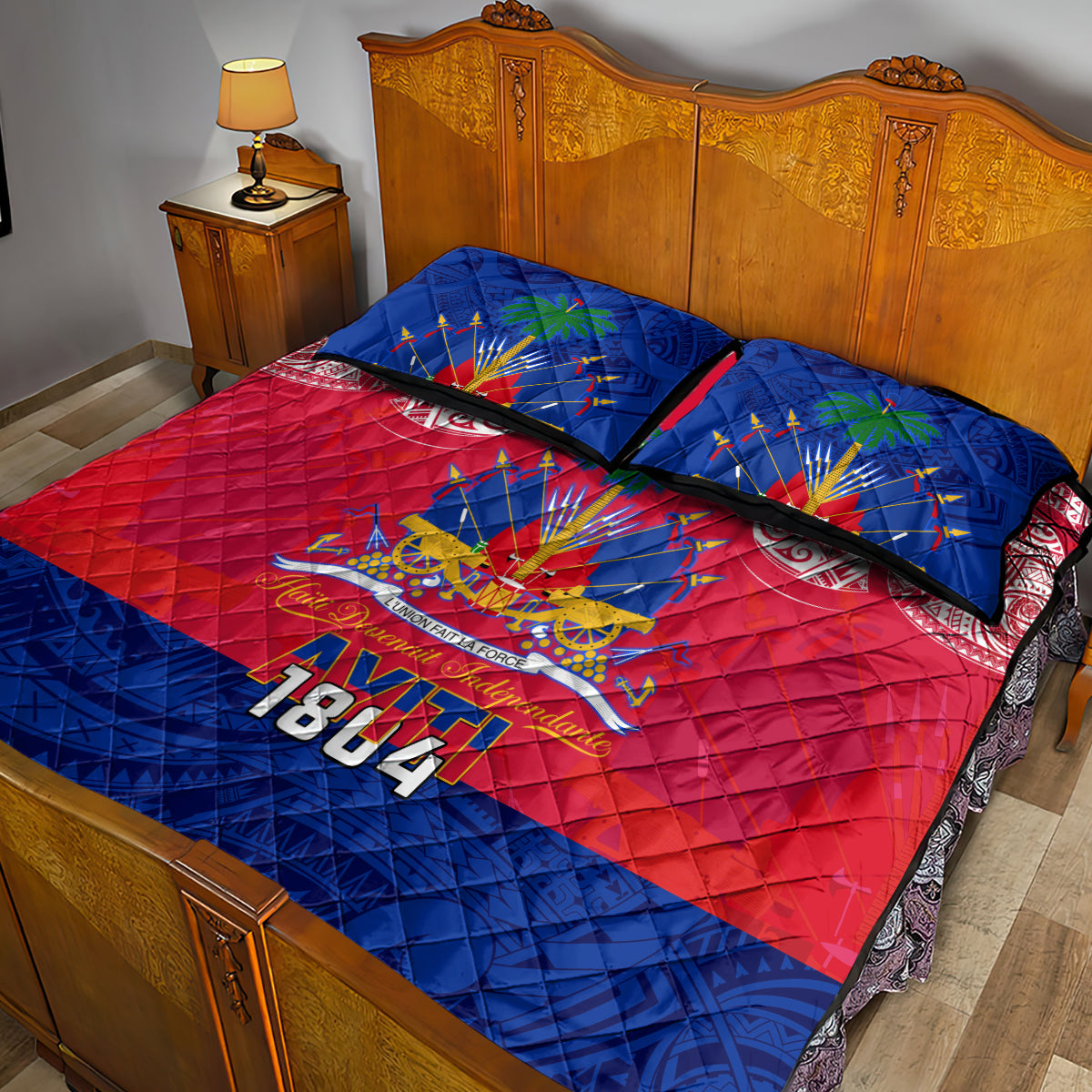 Haiti Independence Day Quilt Bed Set Libete Egalite Fratenite Ayiti 1804 With Polynesian Pattern LT9 - Polynesian Pride