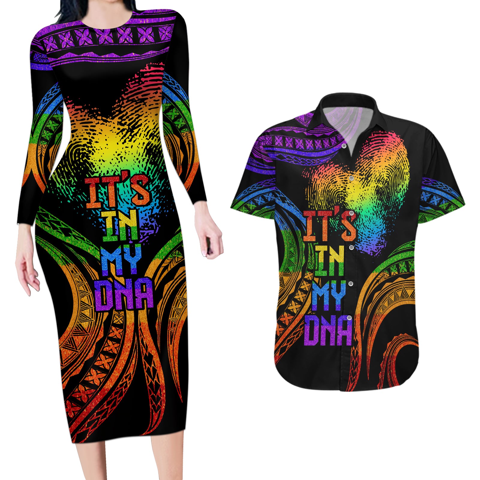 Personalised Its In My DNA Valentine Day Couples Matching Long Sleeve Bodycon Dress and Hawaiian Shirt Fingerprint Heart with Color Pride Flag LT9 - Polynesian Pride