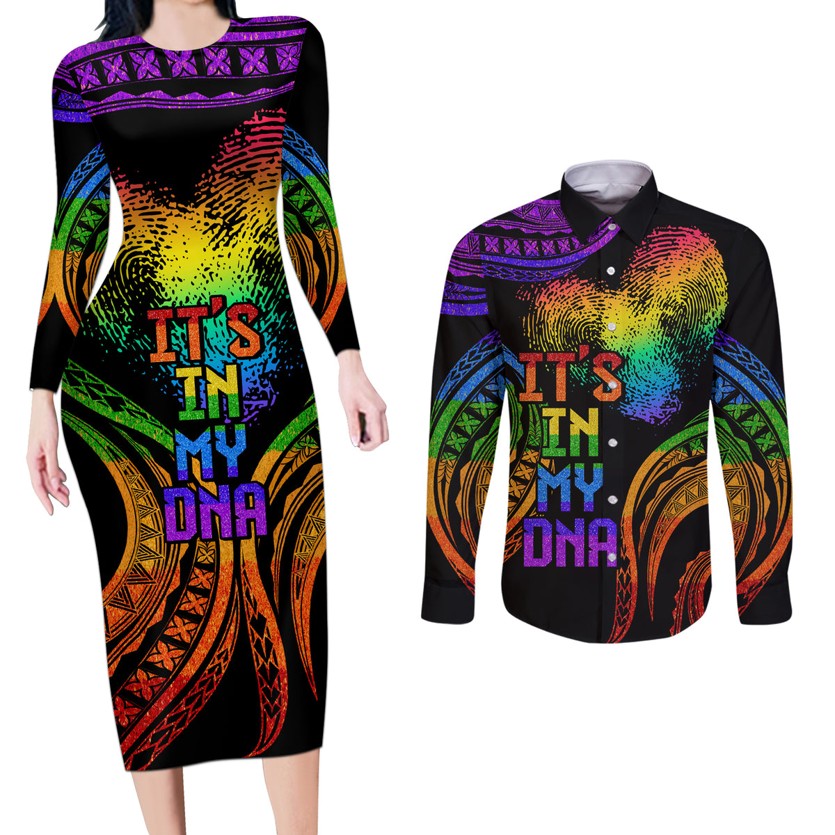 Personalised Its In My DNA Valentine Day Couples Matching Long Sleeve Bodycon Dress and Long Sleeve Button Shirt Fingerprint Heart with Color Pride Flag LT9 - Polynesian Pride