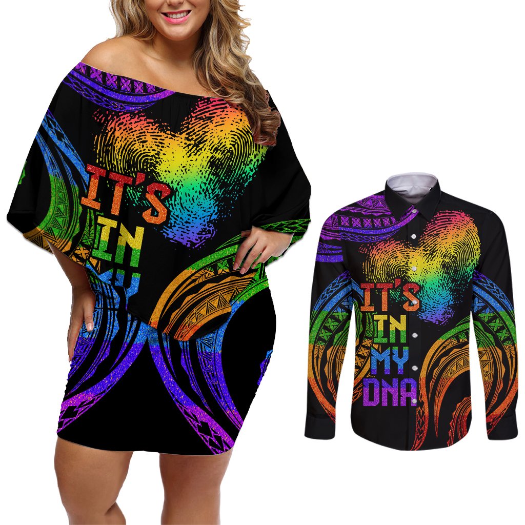 Personalised Its In My DNA Valentine Day Couples Matching Off Shoulder Short Dress and Long Sleeve Button Shirt Fingerprint Heart with Color Pride Flag LT9 - Polynesian Pride