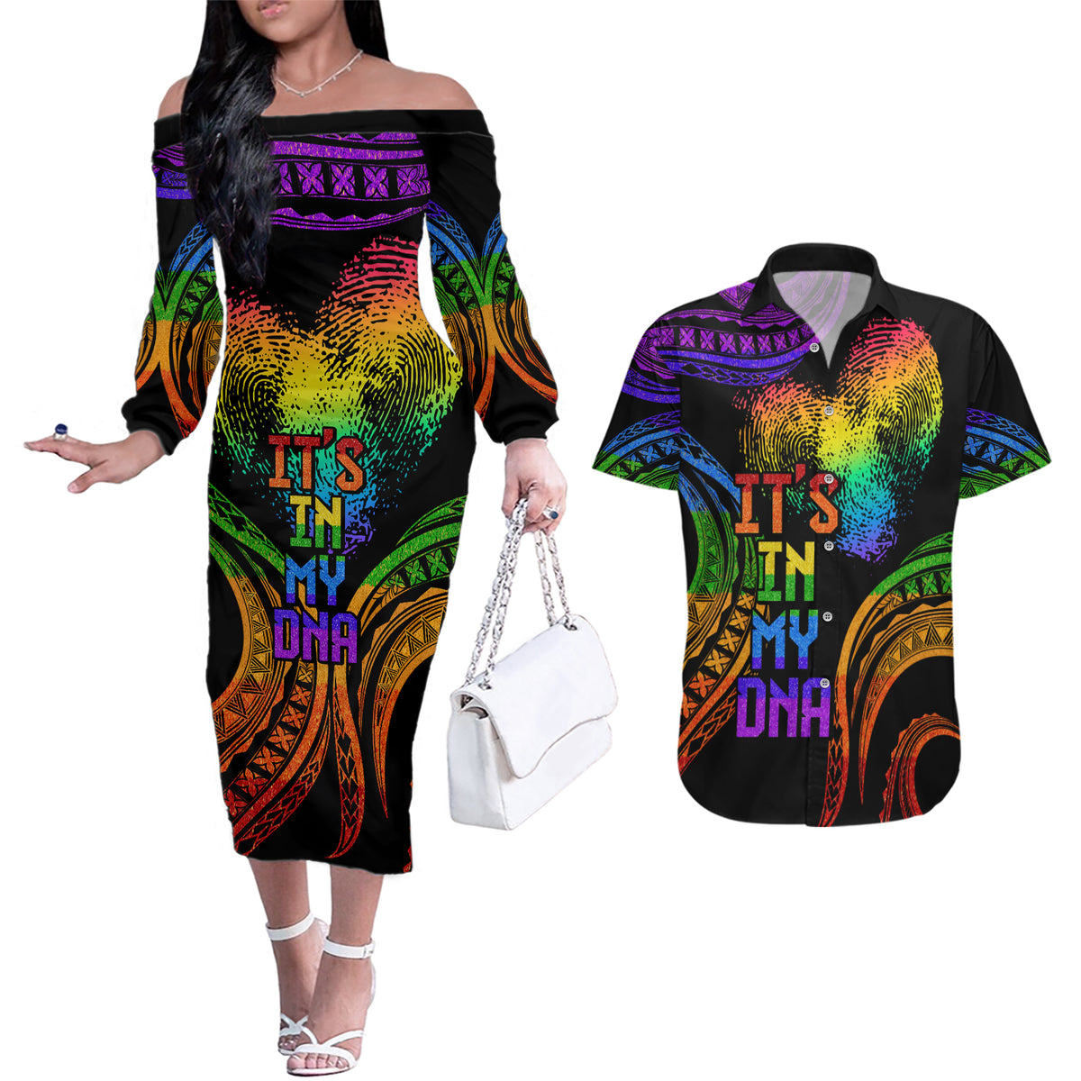 Personalised Its In My DNA Valentine Day Couples Matching Off The Shoulder Long Sleeve Dress and Hawaiian Shirt Fingerprint Heart with Color Pride Flag LT9 - Polynesian Pride