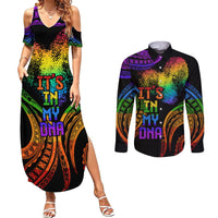 Personalised Its In My DNA Valentine Day Couples Matching Summer Maxi Dress and Long Sleeve Button Shirt Fingerprint Heart with Color Pride Flag LT9 - Polynesian Pride