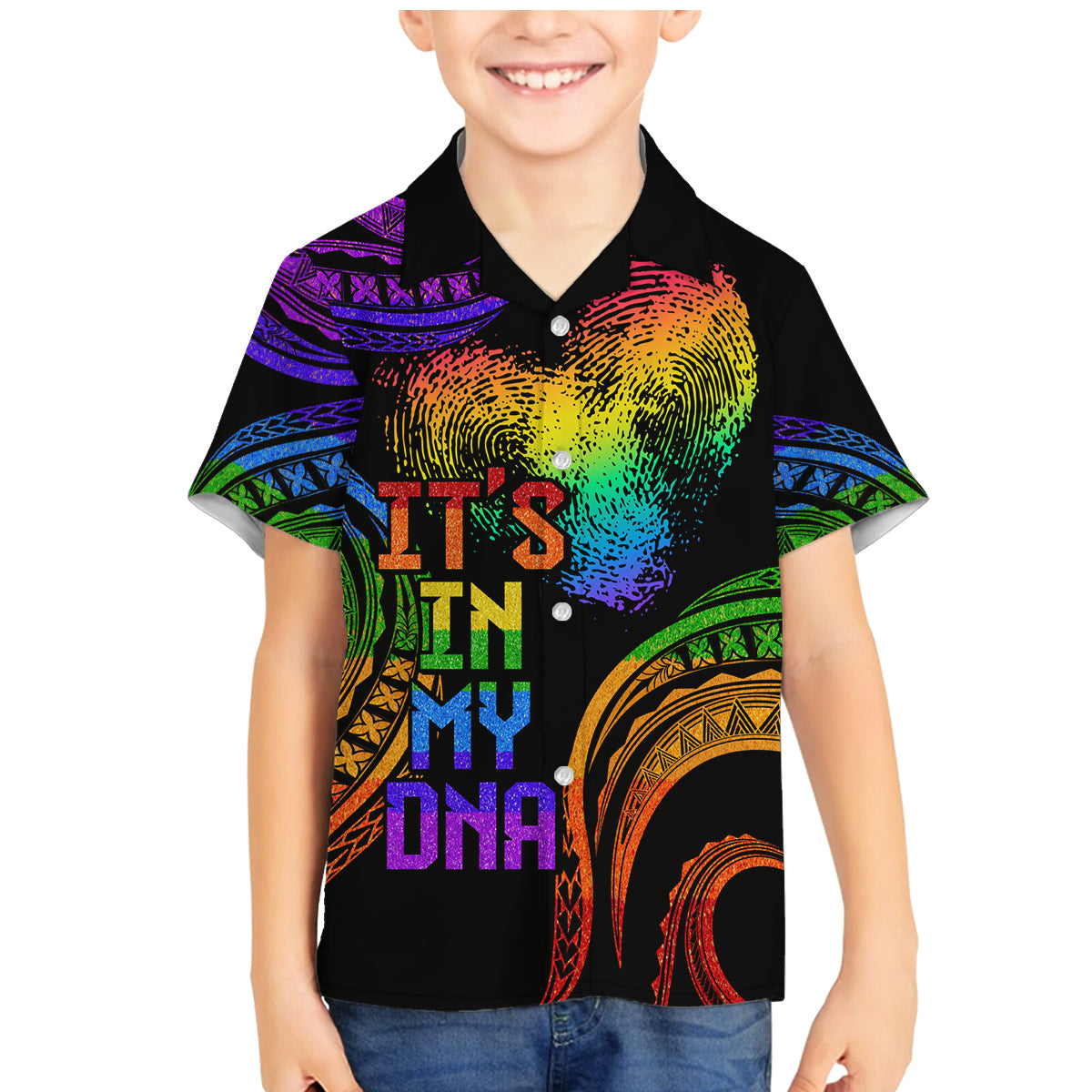 Personalised Its In My DNA Valentine Day Family Matching Mermaid Dress and Hawaiian Shirt Fingerprint Heart with Color Pride Flag LT9 Son's Shirt - Polynesian Pride