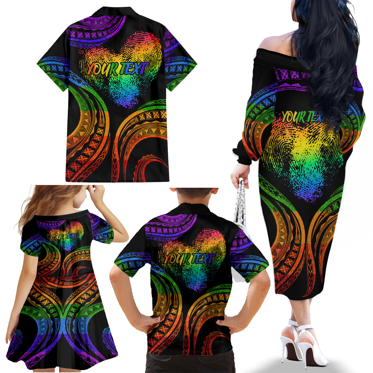 Personalised Its In My DNA Valentine Day Family Matching Off Shoulder Long Sleeve Dress and Hawaiian Shirt Fingerprint Heart with Color Pride Flag LT9 - Polynesian Pride