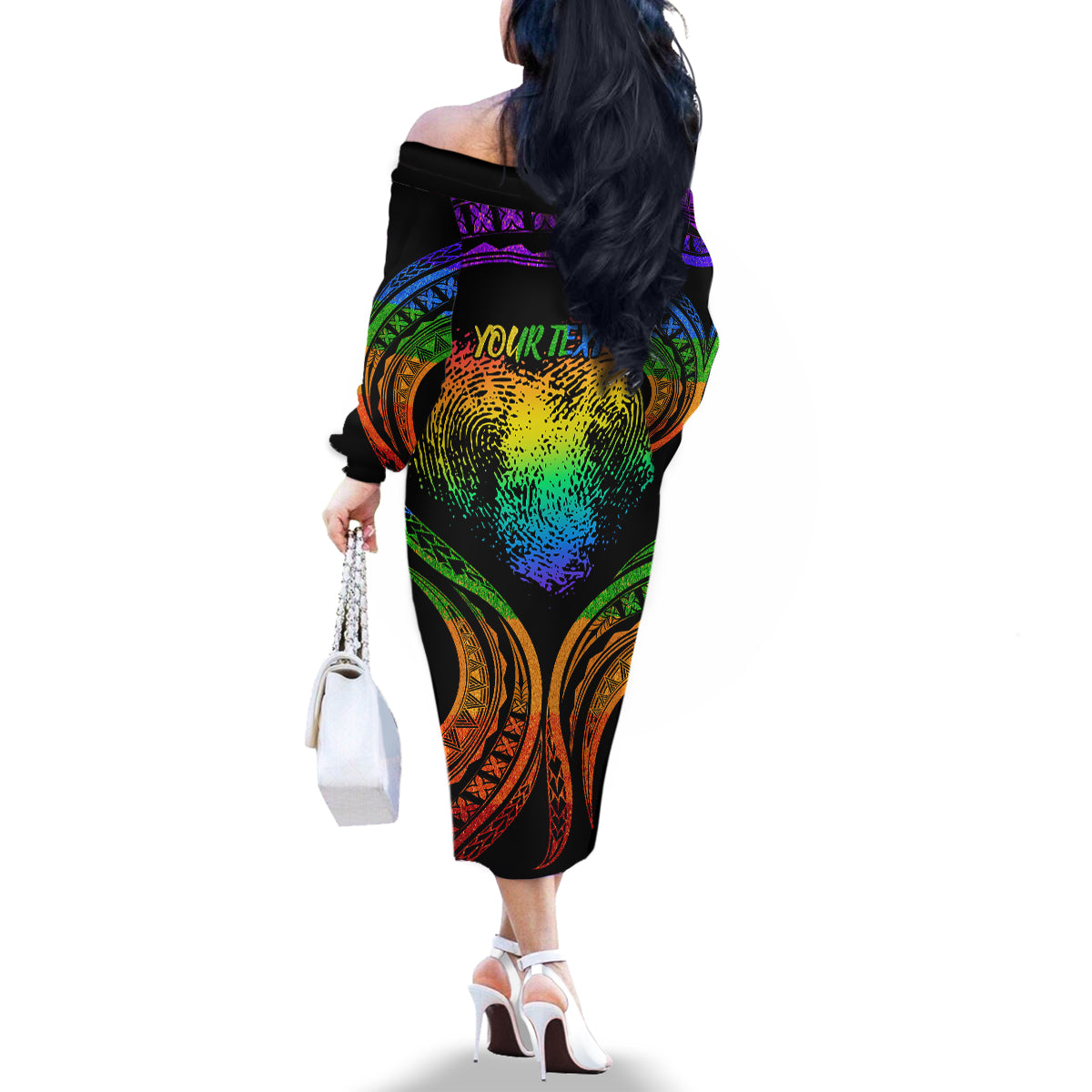 Personalised Its In My DNA Valentine Day Family Matching Off Shoulder Long Sleeve Dress and Hawaiian Shirt Fingerprint Heart with Color Pride Flag LT9 - Polynesian Pride