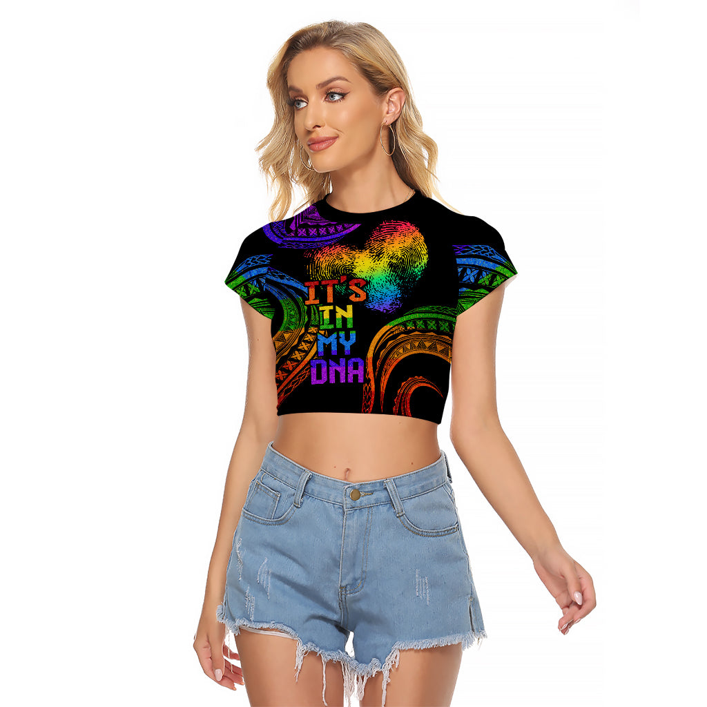 Personalised Its In My DNA Valentine Day Raglan Cropped T Shirt Fingerprint Heart with Color Pride Flag LT9 Female - Polynesian Pride