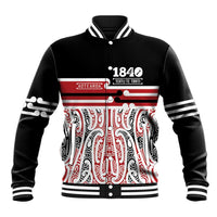 Personalised Toitu Te Tiriti Aotearoa 1840 Baseball Jacket Red Kowhaiwhai Puhoro LT9 Unisex Black - Polynesian Pride