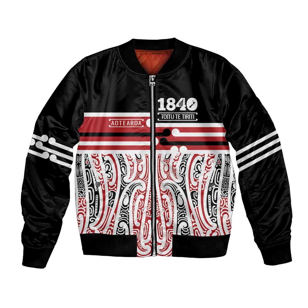 Personalised Toitu Te Tiriti Aotearoa 1840 Bomber Jacket Red Kowhaiwhai Puhoro LT9 Unisex Black - Polynesian Pride
