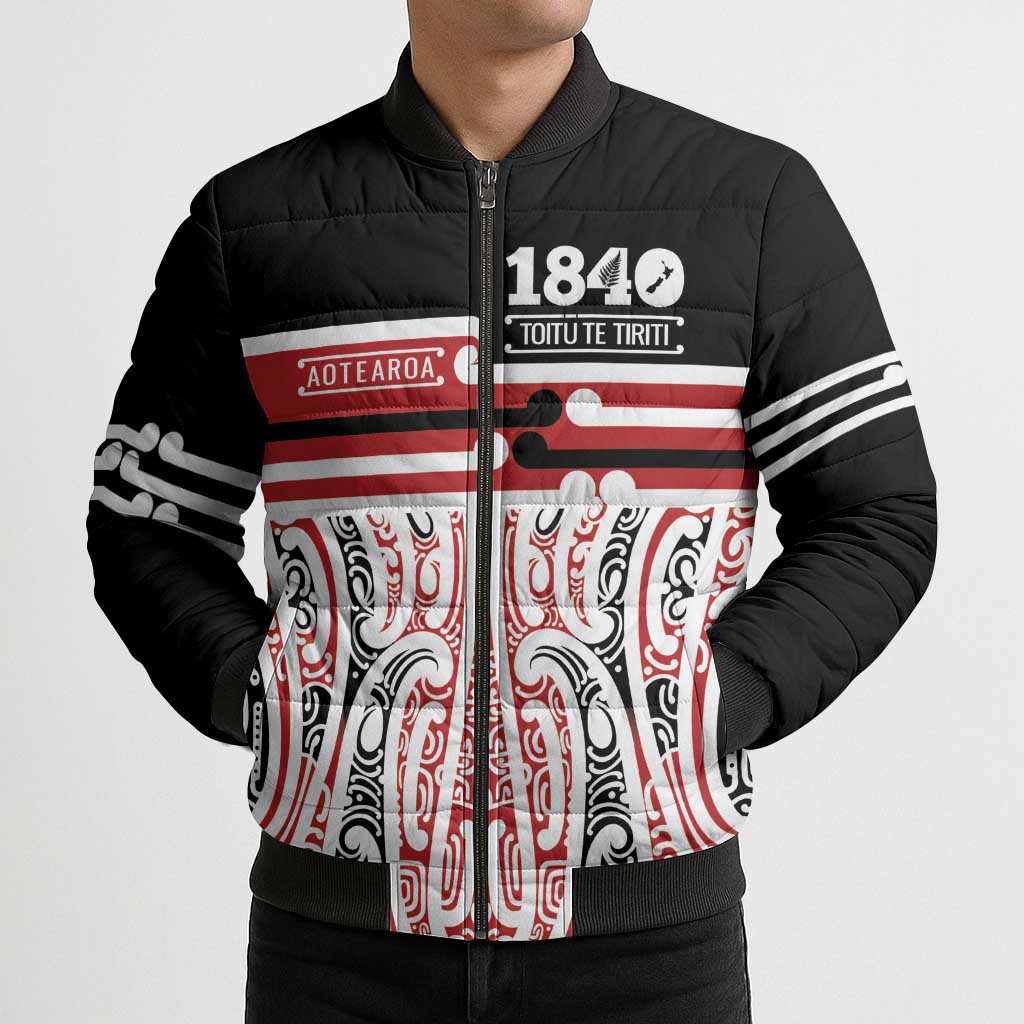 Personalised Toitu Te Tiriti Aotearoa 1840 Bomber Puffer Jacket Red Kowhaiwhai Puhoro - Polynesian Pride
