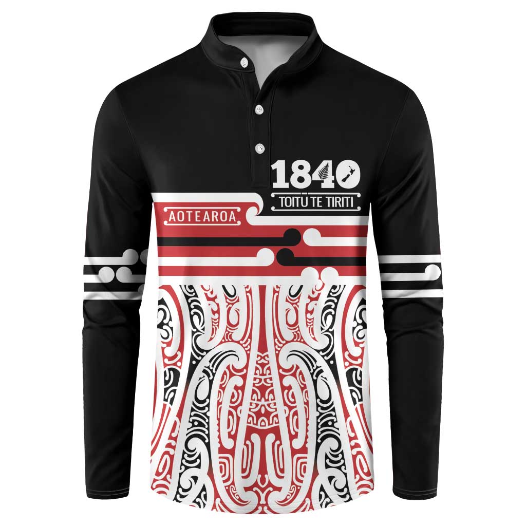 Personalised Toitu Te Tiriti Aotearoa 1840 Button Sweatshirt Red Kowhaiwhai Puhoro LT9 Black - Polynesian Pride