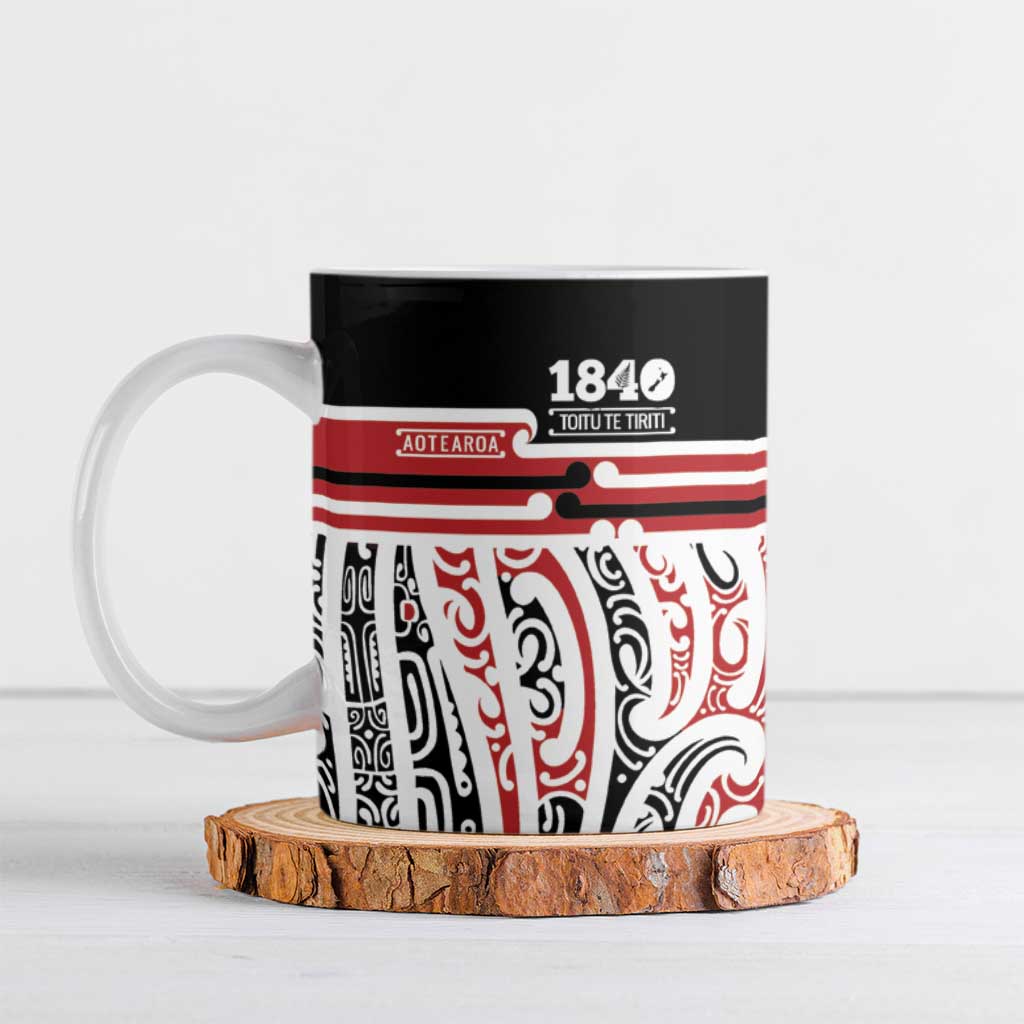 Personalised Toitu Te Tiriti Aotearoa 1840 Ceramic Mug Red Kowhaiwhai Puhoro LT9 Black - Polynesian Pride