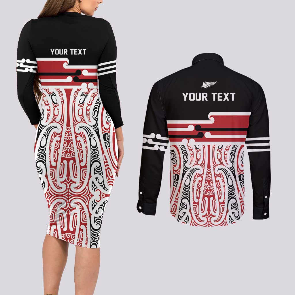 Personalised Toitu Te Tiriti Aotearoa 1840 Couples Matching Long Sleeve Bodycon Dress and Long Sleeve Button Shirt Red Kowhaiwhai Puhoro - Polynesian Pride