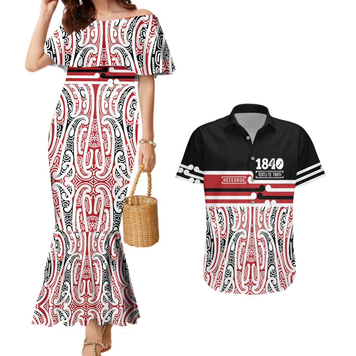 Personalised Toitu Te Tiriti Aotearoa 1840 Couples Matching Mermaid Dress and Hawaiian Shirt Red Kowhaiwhai Puhoro - Polynesian Pride