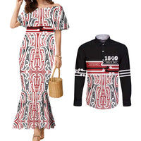 Personalised Toitu Te Tiriti Aotearoa 1840 Couples Matching Mermaid Dress and Long Sleeve Button Shirt Red Kowhaiwhai Puhoro - Polynesian Pride