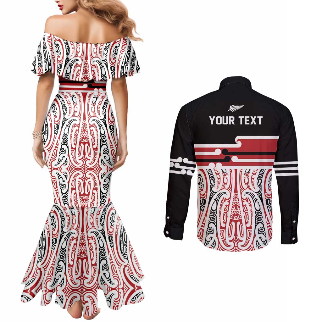 Personalised Toitu Te Tiriti Aotearoa 1840 Couples Matching Mermaid Dress and Long Sleeve Button Shirt Red Kowhaiwhai Puhoro - Polynesian Pride