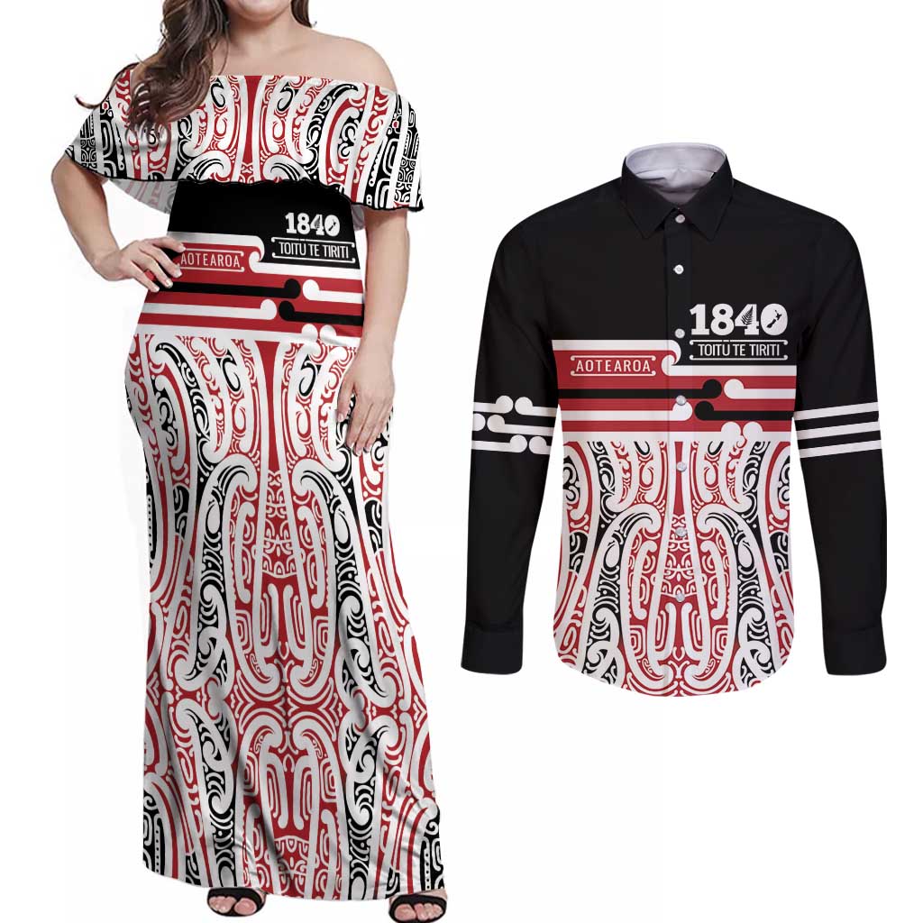 Personalised Toitu Te Tiriti Aotearoa 1840 Couples Matching Off Shoulder Maxi Dress and Long Sleeve Button Shirt Red Kowhaiwhai Puhoro - Polynesian Pride