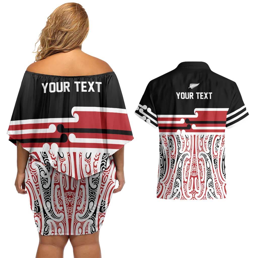 Personalised Toitu Te Tiriti Aotearoa 1840 Couples Matching Off Shoulder Short Dress and Hawaiian Shirt Red Kowhaiwhai Puhoro - Polynesian Pride