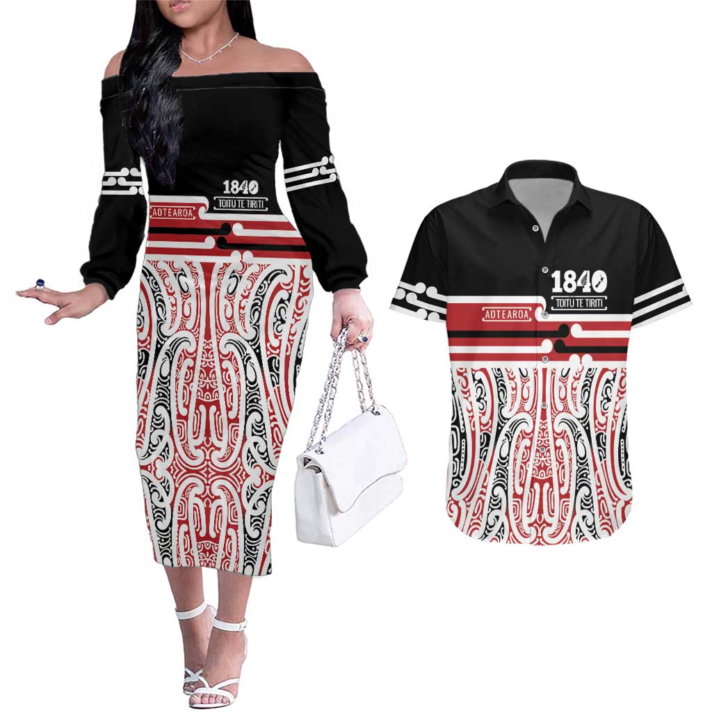 Personalised Toitu Te Tiriti Aotearoa 1840 Couples Matching Off The Shoulder Long Sleeve Dress and Hawaiian Shirt Red Kowhaiwhai Puhoro - Polynesian Pride