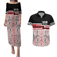 Personalised Toitu Te Tiriti Aotearoa 1840 Couples Matching Puletasi and Hawaiian Shirt Red Kowhaiwhai Puhoro - Polynesian Pride
