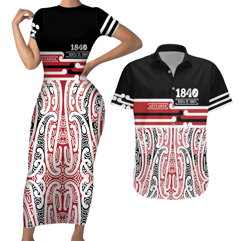 Personalised Toitu Te Tiriti Aotearoa 1840 Couples Matching Short Sleeve Bodycon Dress and Hawaiian Shirt Red Kowhaiwhai Puhoro - Polynesian Pride