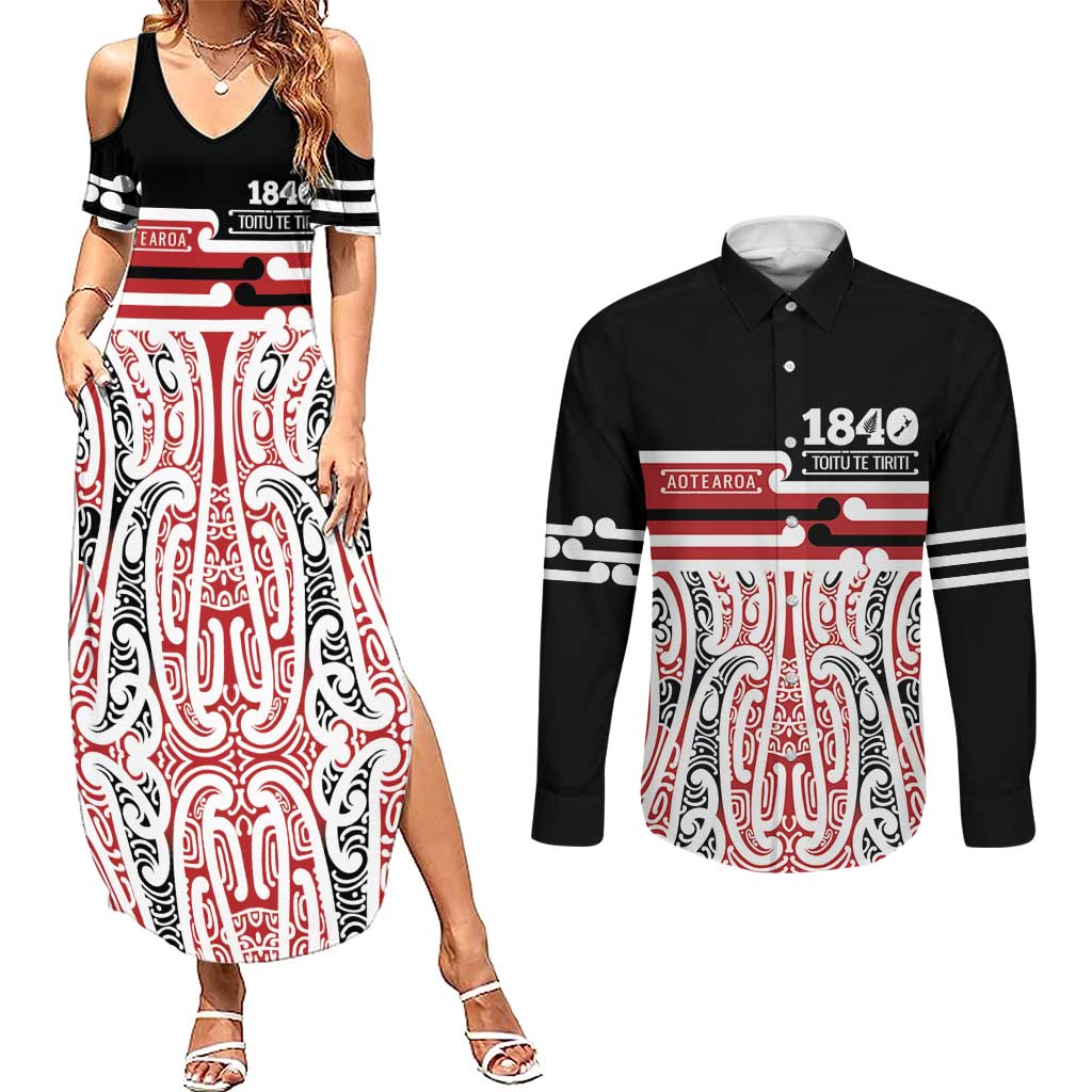 Personalised Toitu Te Tiriti Aotearoa 1840 Couples Matching Summer Maxi Dress and Long Sleeve Button Shirt Red Kowhaiwhai Puhoro - Polynesian Pride