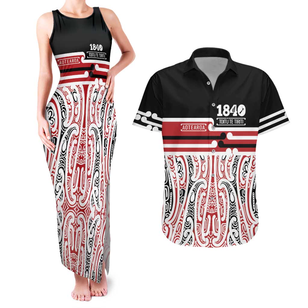 Personalised Toitu Te Tiriti Aotearoa 1840 Couples Matching Tank Maxi Dress and Hawaiian Shirt Red Kowhaiwhai Puhoro - Polynesian Pride