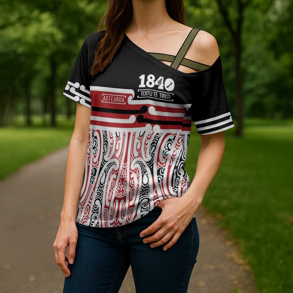 Personalised Toitu Te Tiriti Aotearoa 1840 Cross Shoulder Shirt Red Kowhaiwhai Puhoro - Polynesian Pride
