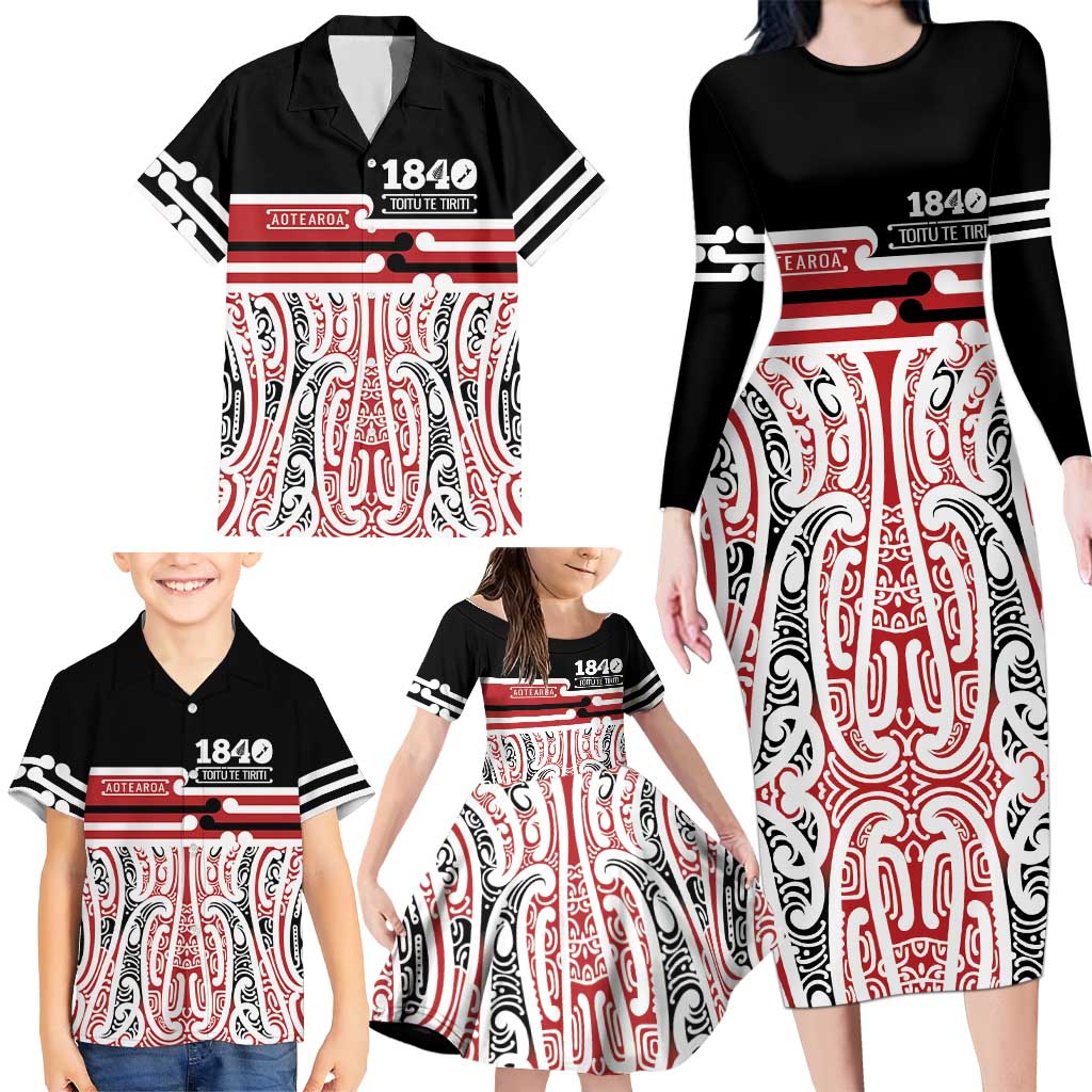Personalised Toitu Te Tiriti Aotearoa 1840 Family Matching Long Sleeve Bodycon Dress and Hawaiian Shirt Red Kowhaiwhai Puhoro - Polynesian Pride