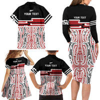 Personalised Toitu Te Tiriti Aotearoa 1840 Family Matching Long Sleeve Bodycon Dress and Hawaiian Shirt Red Kowhaiwhai Puhoro - Polynesian Pride